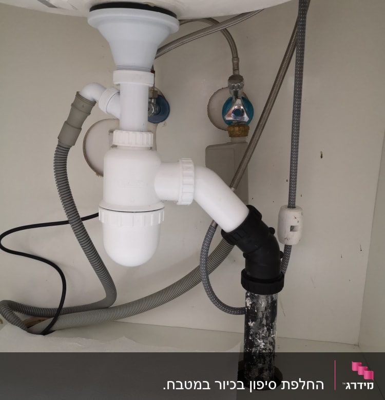 צנרת פלסטיק מתחת לכיור עם ברזים וצינורות